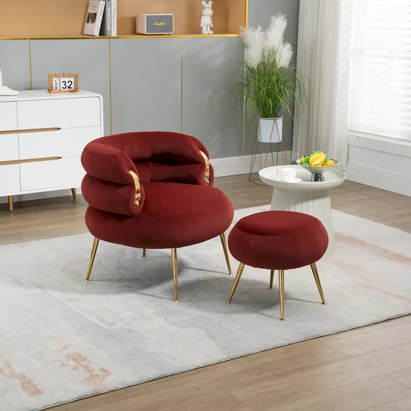 Fauteuil tonneau moderne rouge lie-de-vin avec pouf