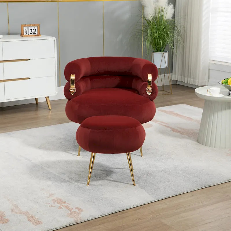 Fauteuil tonneau moderne rouge lie-de-vin avec pouf