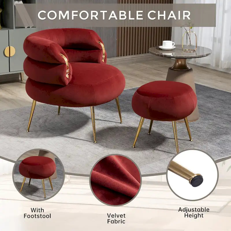 Fauteuil tonneau moderne rouge lie-de-vin avec pouf
