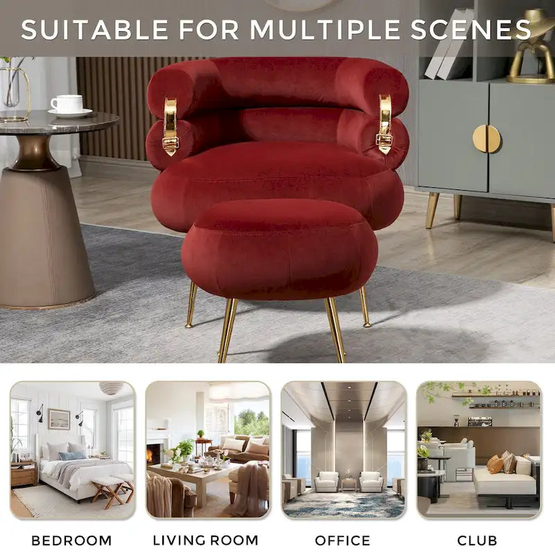 Fauteuil tonneau moderne rouge lie-de-vin avec pouf
