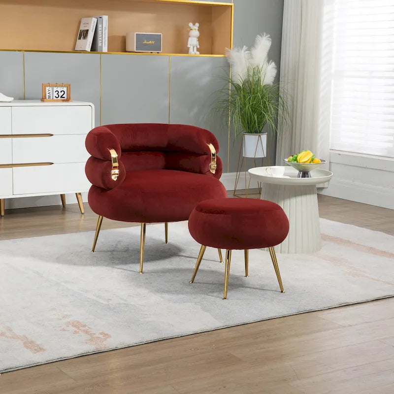 Fauteuil tonneau moderne rouge lie-de-vin avec pouf