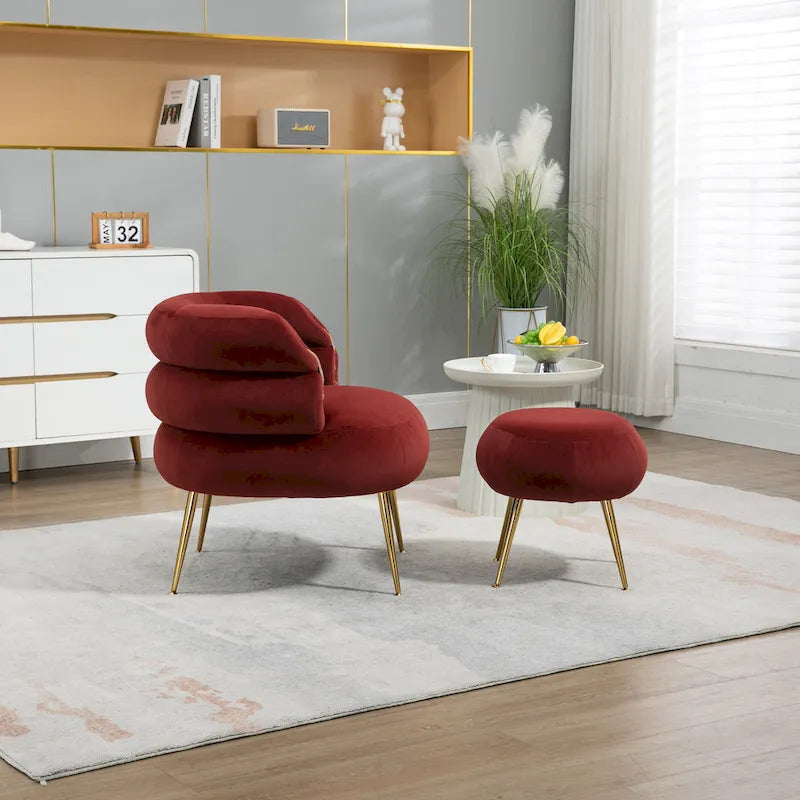 Fauteuil tonneau moderne rouge lie-de-vin avec pouf