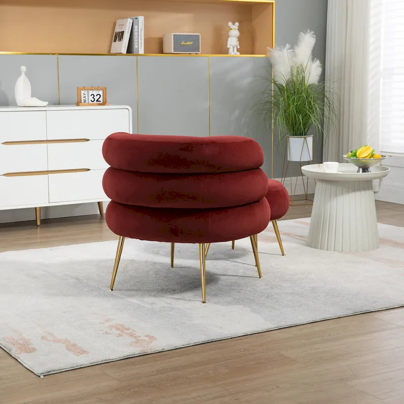 Fauteuil tonneau moderne rouge lie-de-vin avec pouf