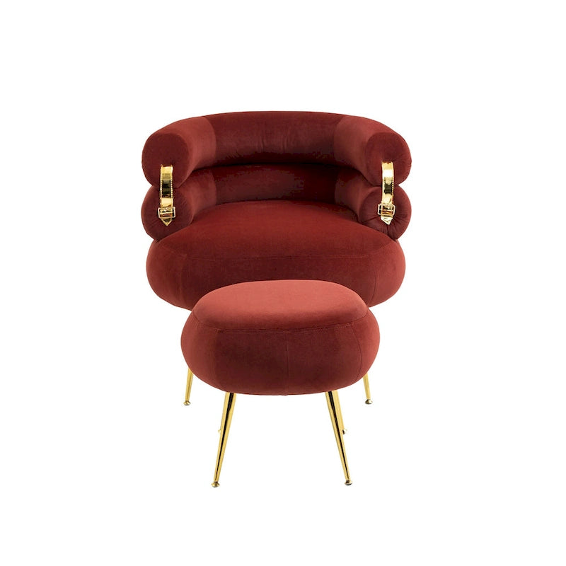 Fauteuil tonneau moderne rouge lie-de-vin avec pouf
