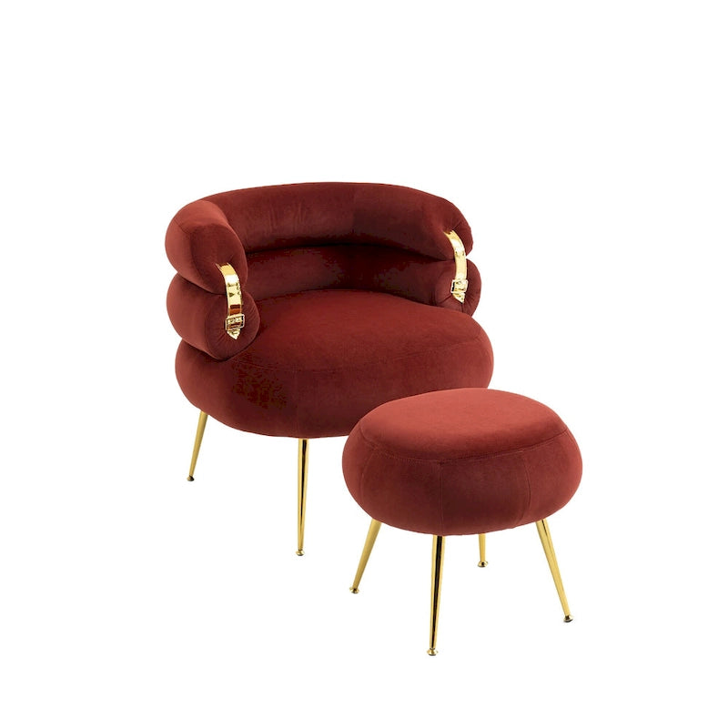 Fauteuil tonneau moderne rouge lie-de-vin avec pouf