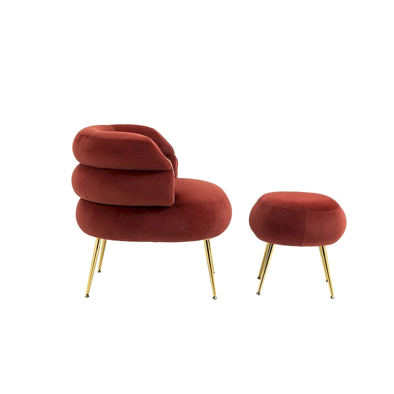 Fauteuil tonneau moderne rouge lie-de-vin avec pouf