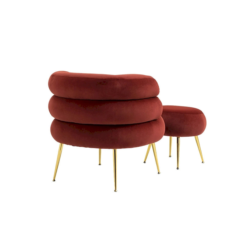 Fauteuil tonneau moderne rouge lie-de-vin avec pouf