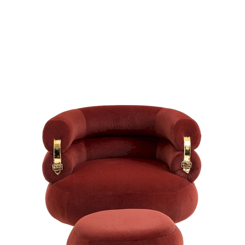 Fauteuil tonneau moderne rouge lie-de-vin avec pouf