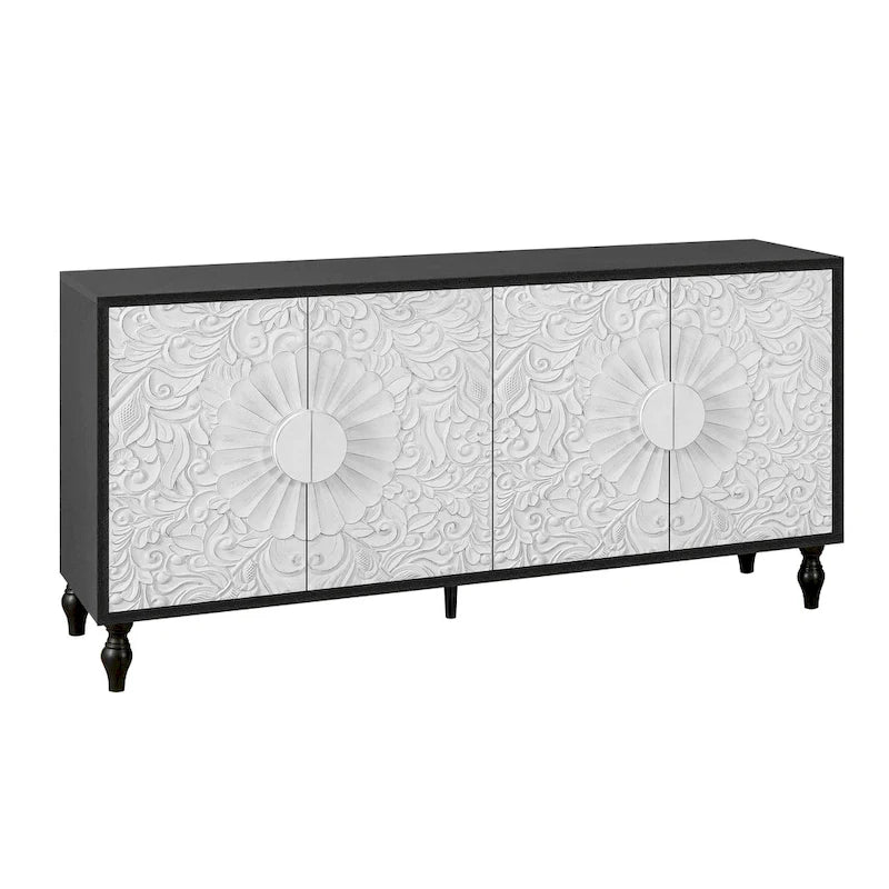 Armoire Bahut Buffet Fleur de Lys Sculptée Grande Armoire de Rangement Porte Latérale