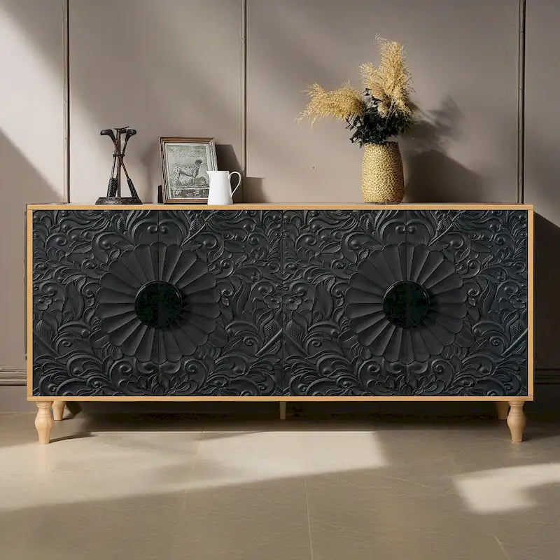 Armoire Bahut Buffet Fleur de Lys Sculptée Grande Armoire de Rangement Porte Latérale