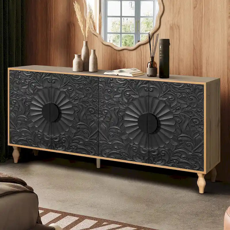 Armoire Bahut Buffet Fleur de Lys Sculptée Grande Armoire de Rangement Porte Latérale