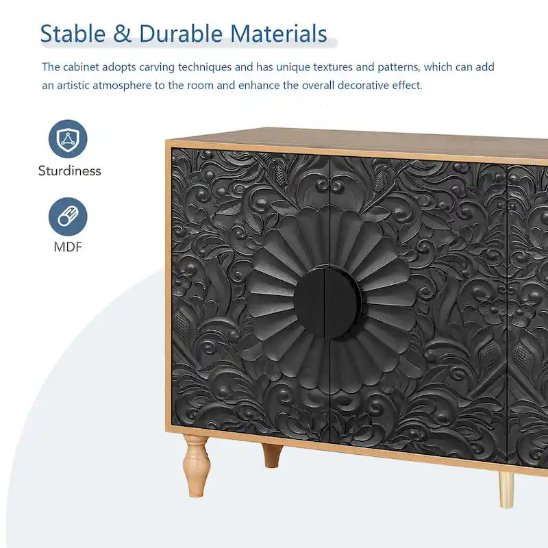 Armoire Bahut Buffet Fleur de Lys Sculptée Grande Armoire de Rangement Porte Latérale