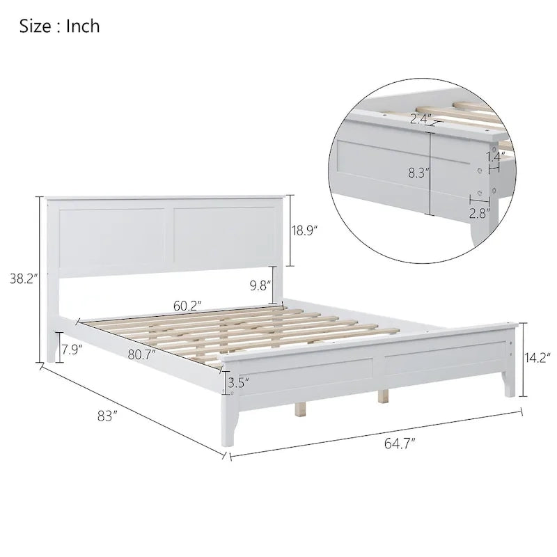Lit plateforme moderne en bois massif blanc de taille Queen