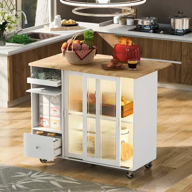 Îlot de cuisine avec lumières LED, desserte à roulettes avec abattant pour le petit-déjeuner