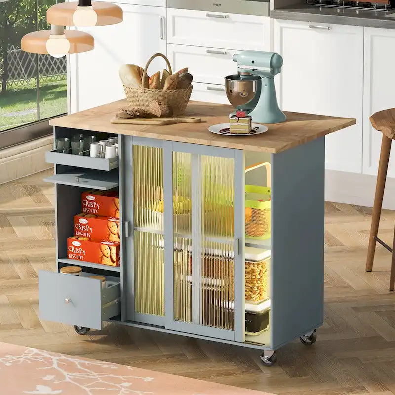 LED Light Kitchen Island Cart, Drop Leaf Breakfast Bar on Wheels, Bar Cabinet with 2 Drawers, 2 Glass Doors & 1 Flip Cabinet