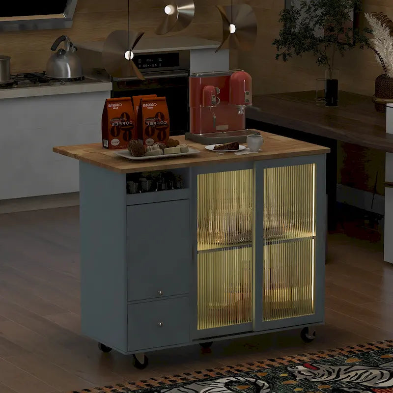 Îlot de cuisine avec lumières LED, desserte à roulettes avec abattant pour le petit-déjeuner