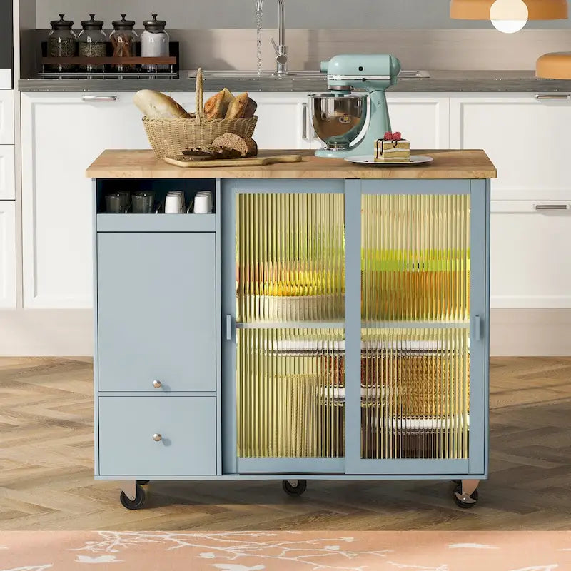 Îlot de cuisine avec lumières LED, desserte à roulettes avec abattant pour le petit-déjeuner