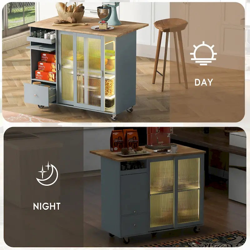 Îlot de cuisine avec lumières LED, desserte à roulettes avec abattant pour le petit-déjeuner