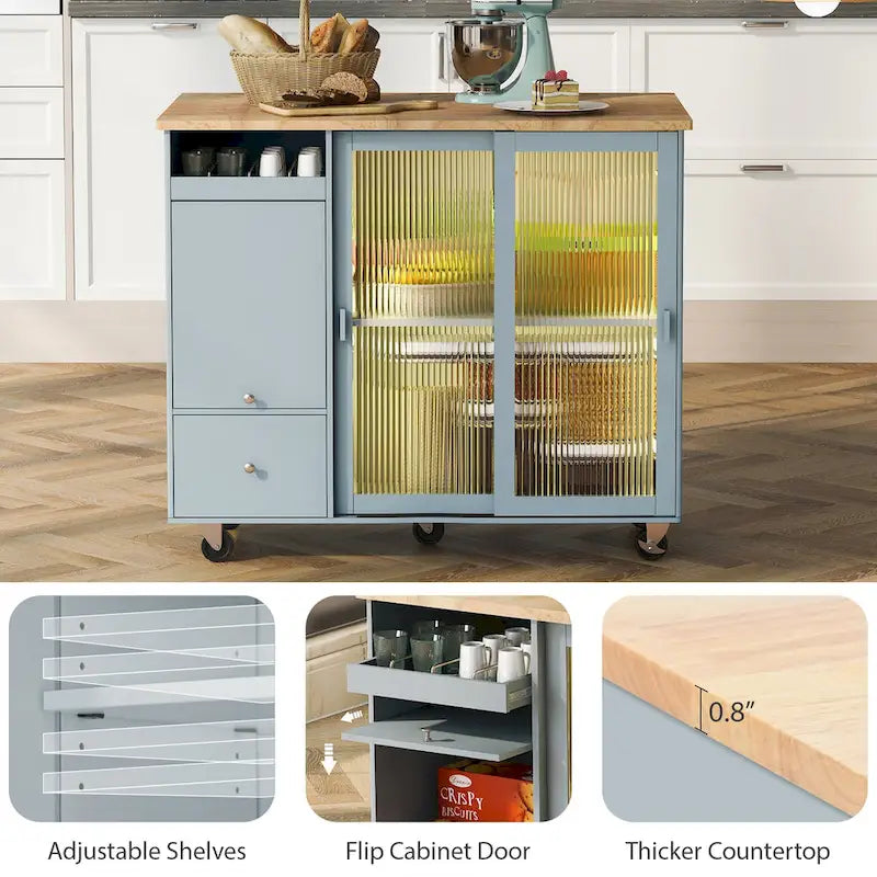 Îlot de cuisine avec lumières LED, desserte à roulettes avec abattant pour le petit-déjeuner