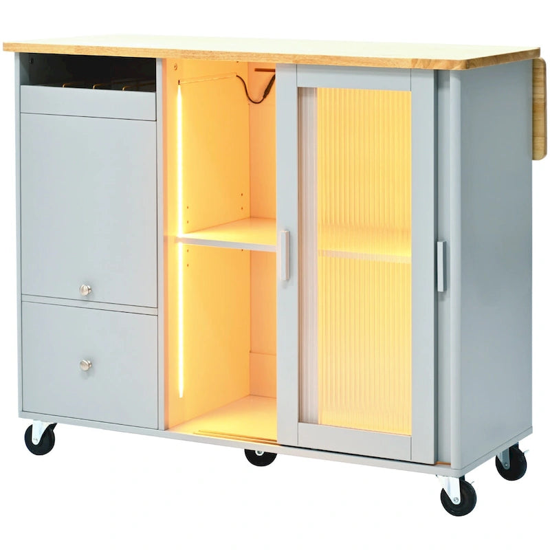 Îlot de cuisine avec lumières LED, desserte à roulettes avec abattant pour le petit-déjeuner
