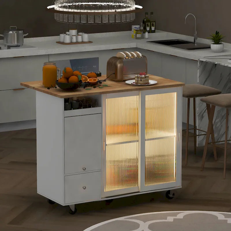 Îlot de cuisine avec lumières LED, desserte à roulettes avec abattant pour le petit-déjeuner