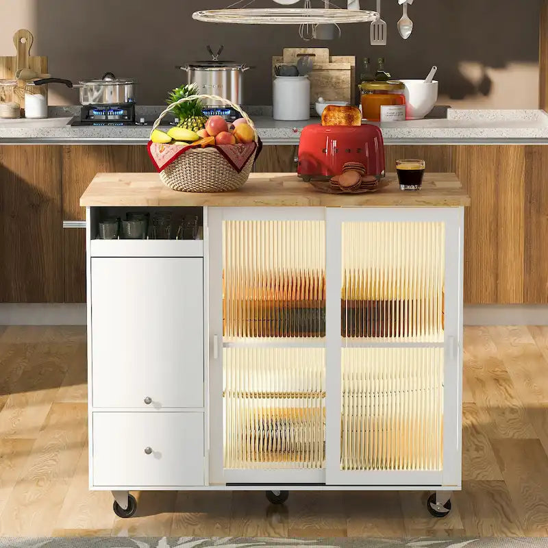 Îlot de cuisine avec lumières LED, desserte à roulettes avec abattant pour le petit-déjeuner