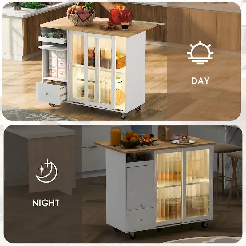 Îlot de cuisine avec lumières LED, desserte à roulettes avec abattant pour le petit-déjeuner