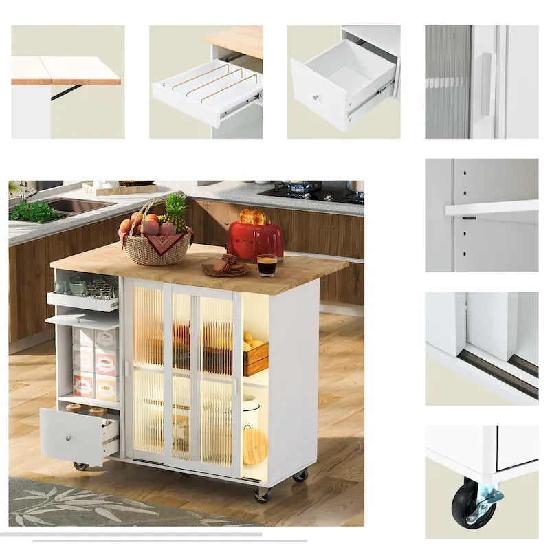 Îlot de cuisine avec lumières LED, desserte à roulettes avec abattant pour le petit-déjeuner