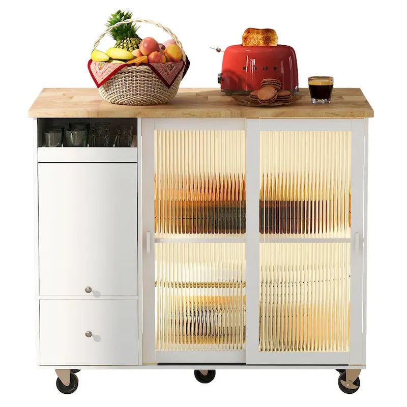 Îlot de cuisine avec lumières LED, desserte à roulettes avec abattant pour le petit-déjeuner