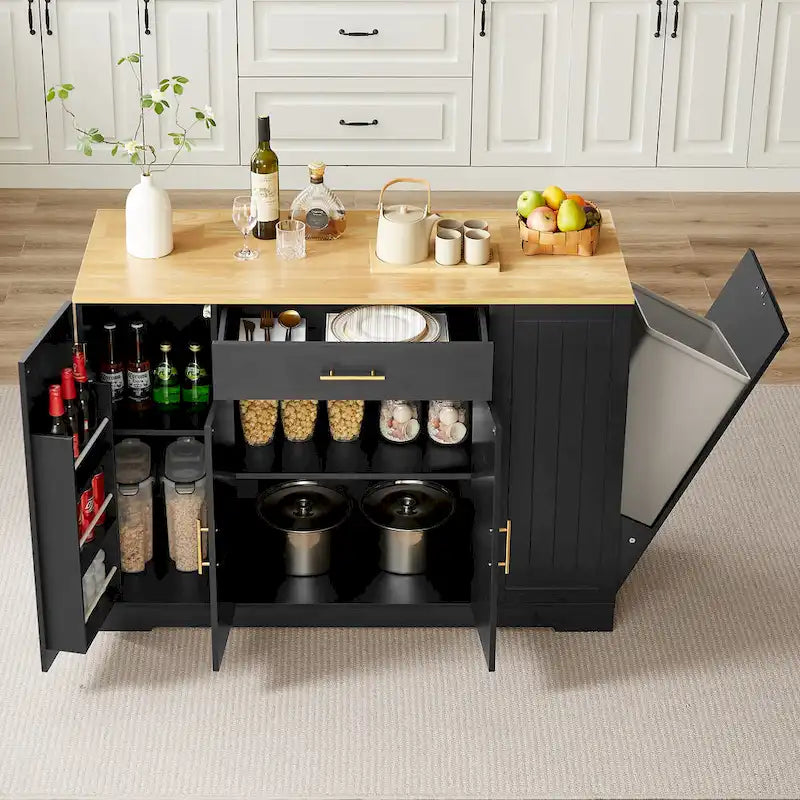Îlot de cuisine avec support de poubelle basculant, Table d'îlot mobile