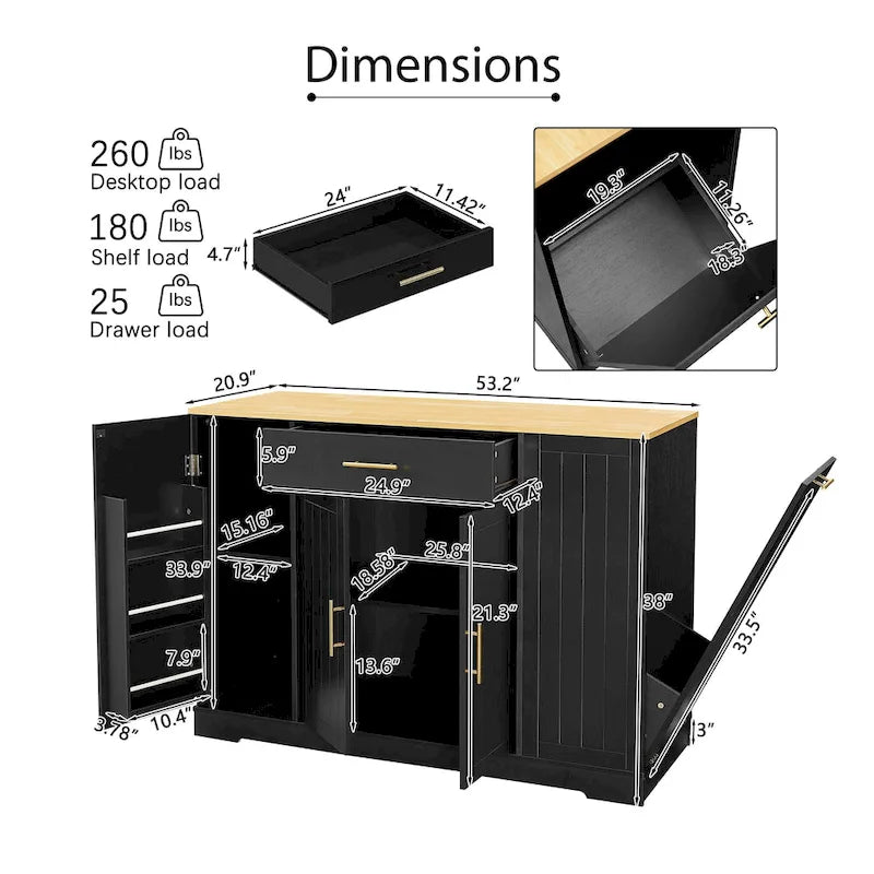 Îlot de cuisine avec support de poubelle basculant, Table d'îlot mobile