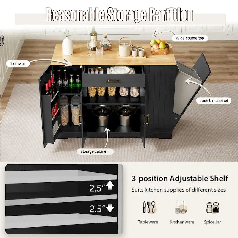Îlot de cuisine avec support de poubelle basculant, Table d'îlot mobile