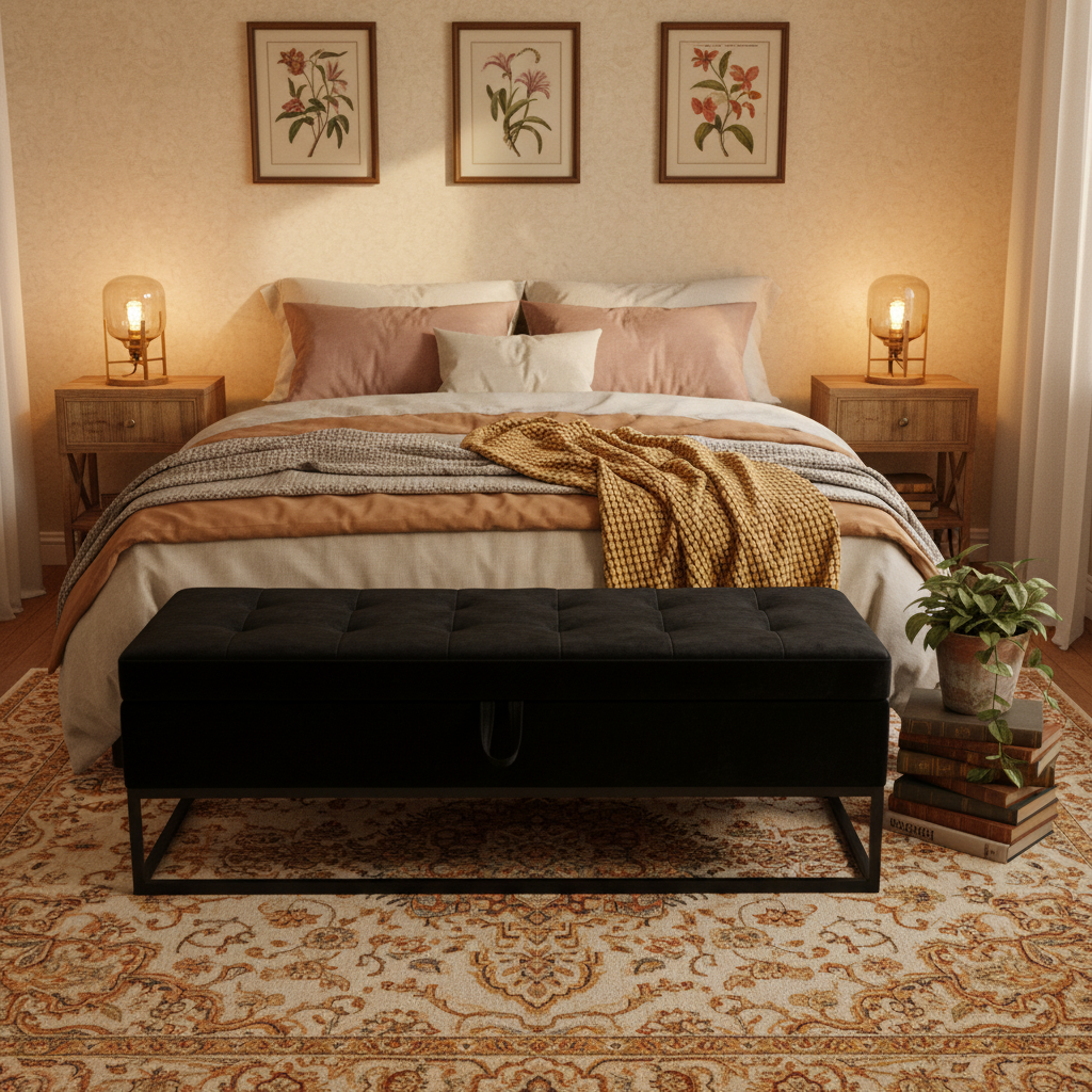 Banc de rangement moderne en velours avec siège à rabat