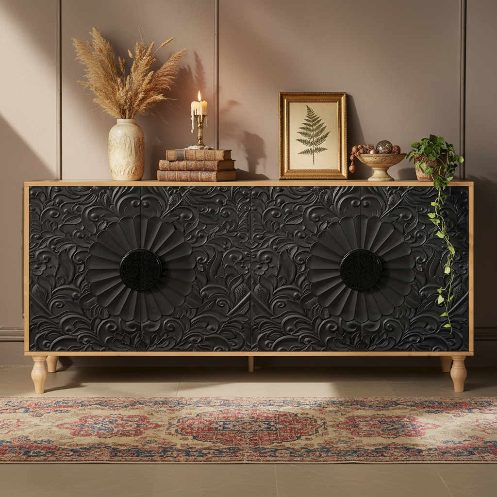 Armoire Bahut Buffet Fleur de Lys Sculptée Grande Armoire de Rangement Porte Latérale