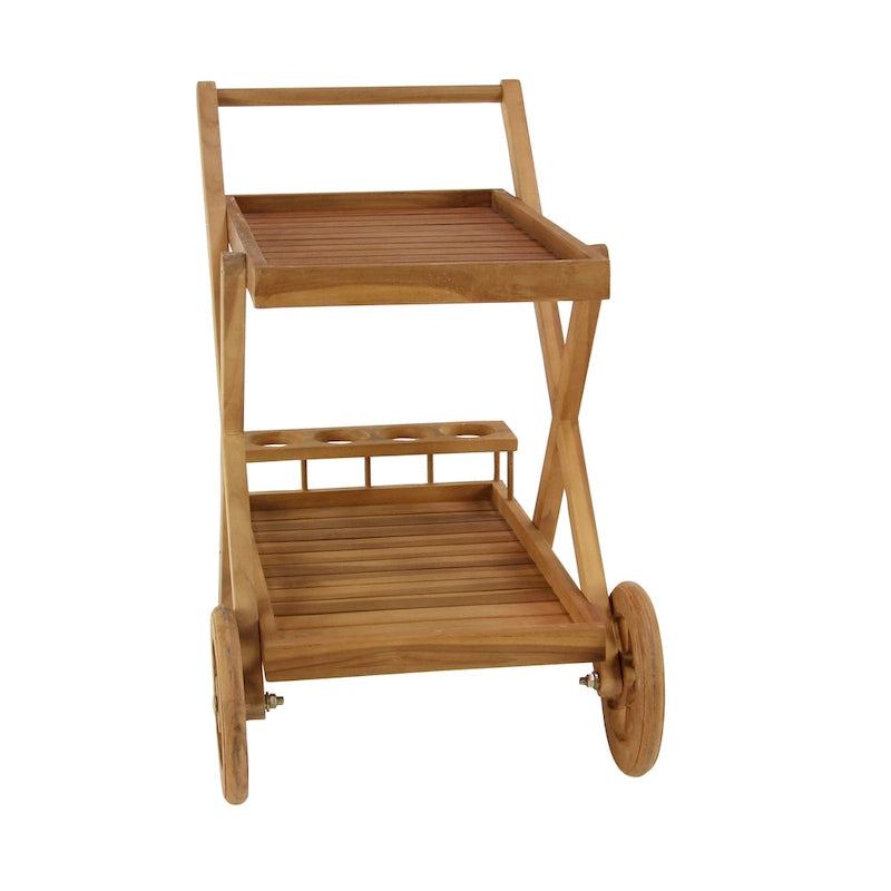Chariot de bar roulant d'intérieur/extérieur en teck à 2 étagères