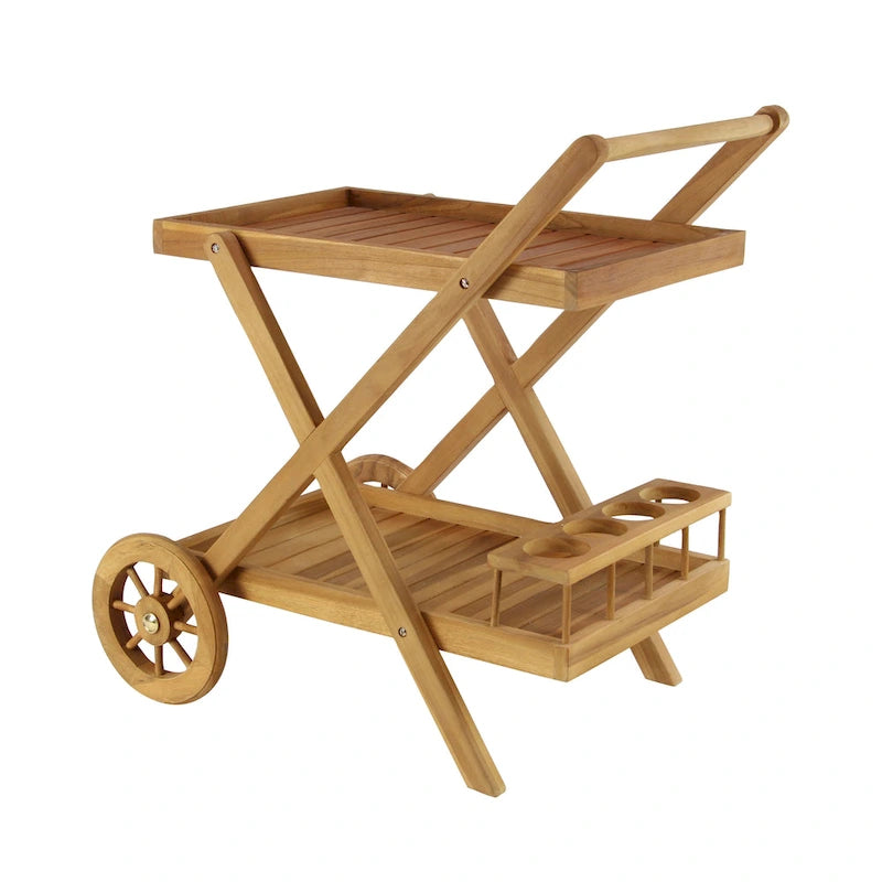 Chariot de bar roulant d'intérieur/extérieur en teck à 2 étagères
