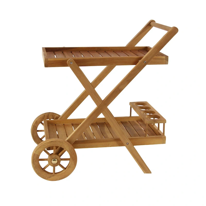 Chariot de bar roulant d'intérieur/extérieur en teck à 2 étagères