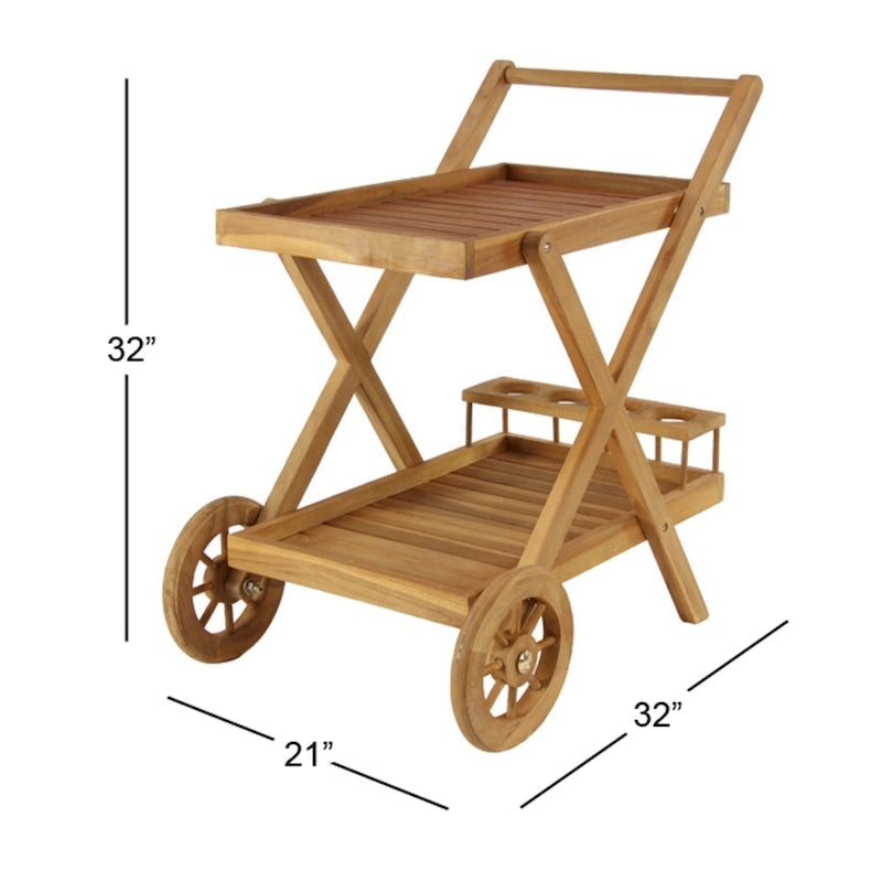 Chariot de bar roulant d'intérieur/extérieur en teck à 2 étagères