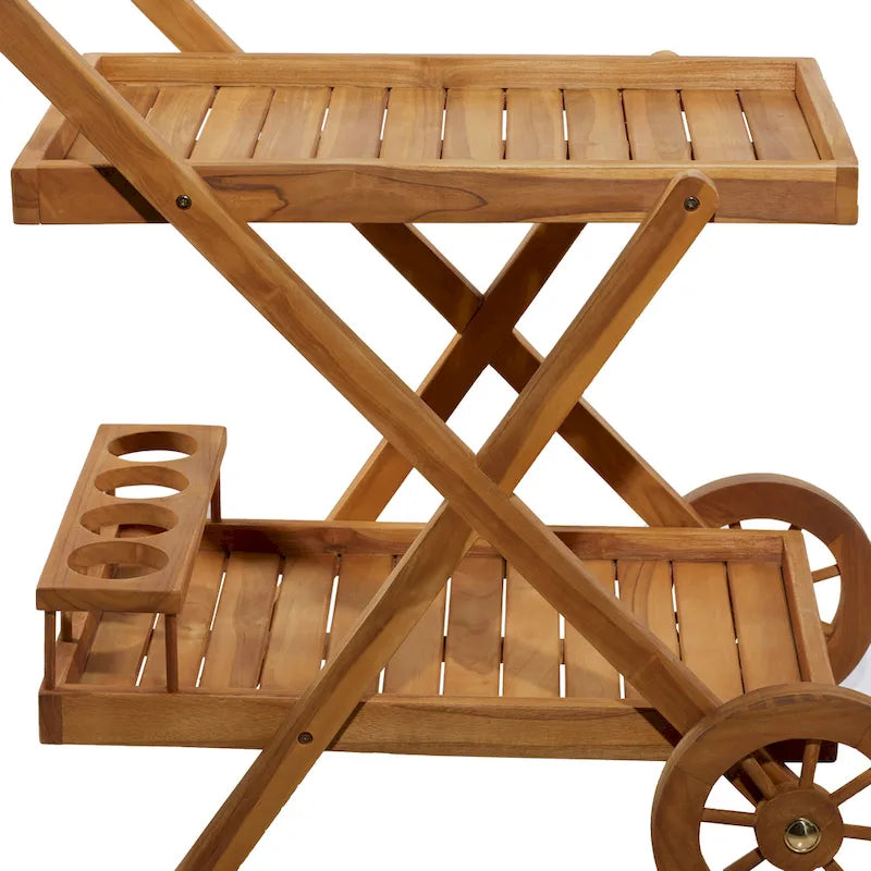 Chariot de bar roulant d'intérieur/extérieur en teck à 2 étagères