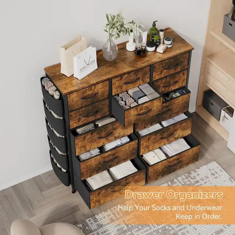 Commode à 12 tiroirs pour chambre à coucher, commode haute en tissu avec poches latérales et crochets