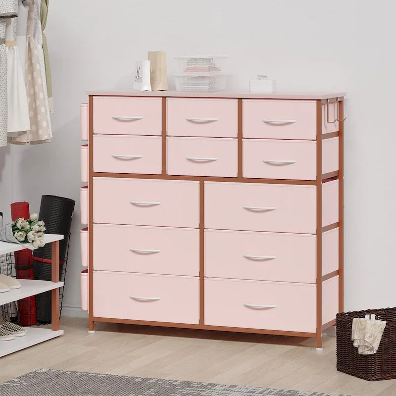 Commode à 12 tiroirs pour chambre à coucher, commode haute en tissu avec poches latérales et crochets