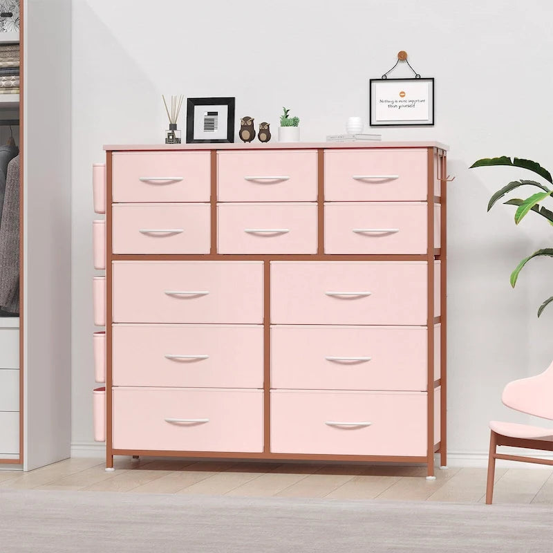 Commode à 12 tiroirs pour chambre à coucher, commode haute en tissu avec poches latérales et crochets