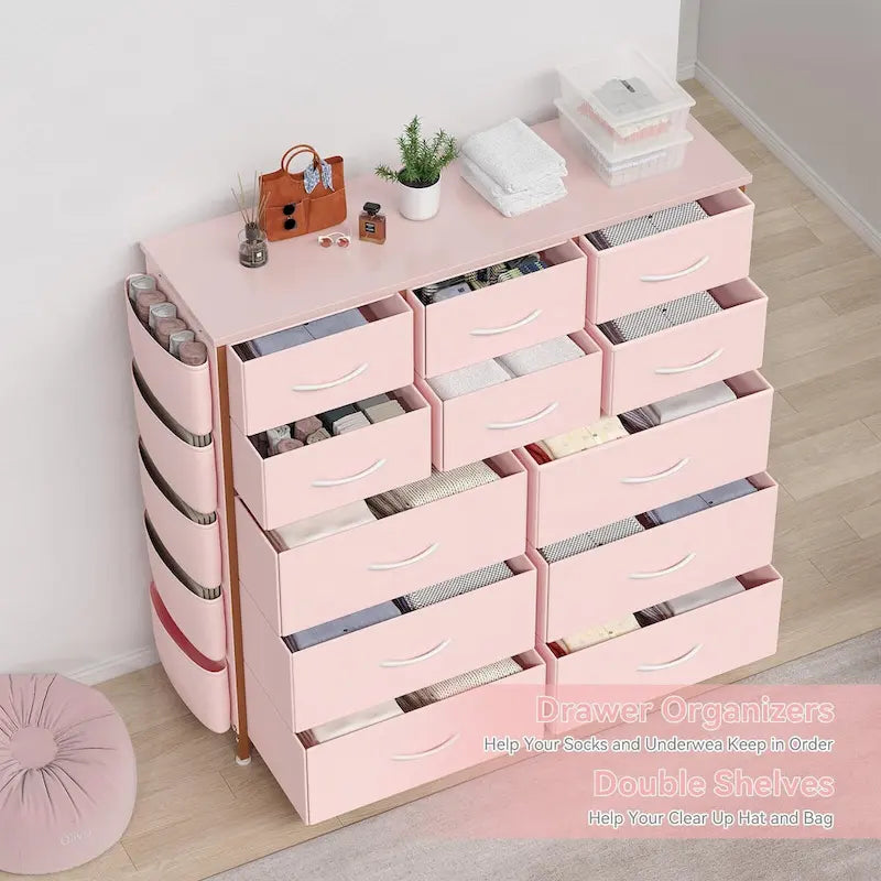 Commode à 12 tiroirs pour chambre à coucher, commode haute en tissu avec poches latérales et crochets