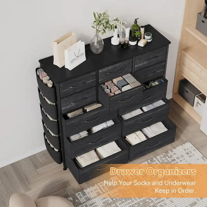 Commode à 12 tiroirs pour chambre à coucher, commode haute en tissu avec poches latérales et crochets