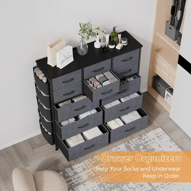Commode à 12 tiroirs pour chambre à coucher, commode haute en tissu avec poches latérales et crochets