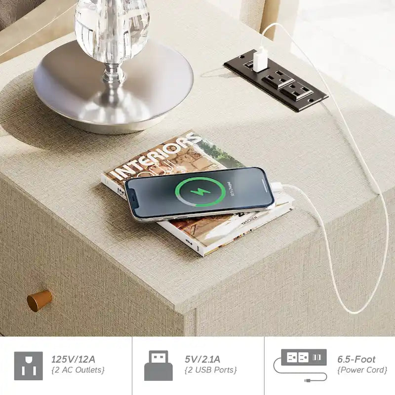 Table de chevet avec station de recharge et 2 tiroirs pour salon