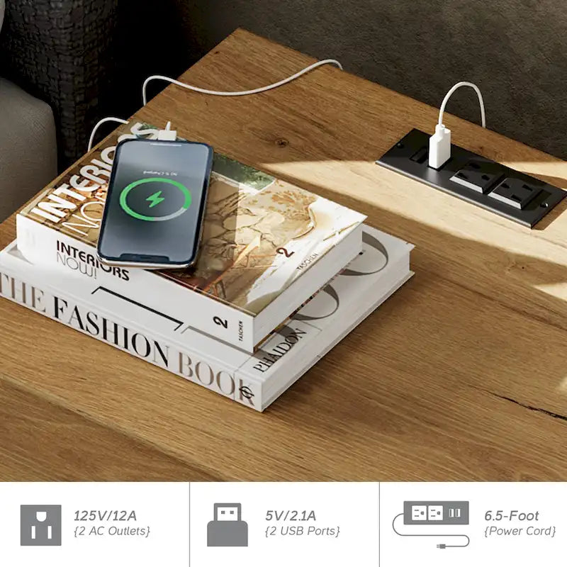 Table de chevet avec station de recharge et 2 tiroirs pour salon