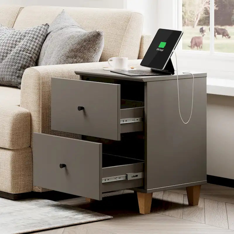 Table de chevet avec station de recharge et 2 tiroirs pour salon