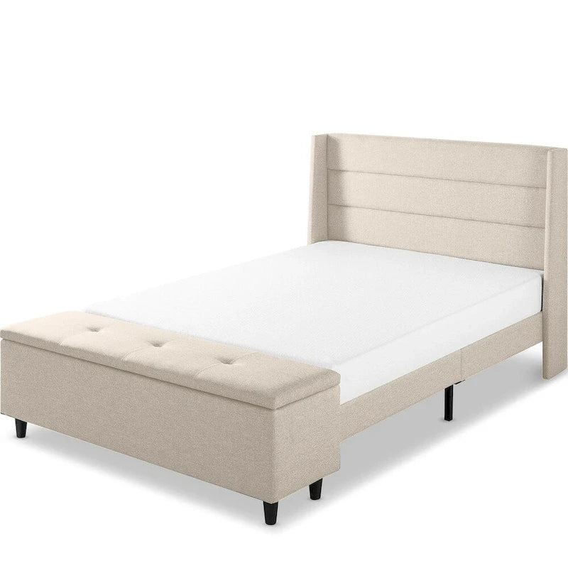 Lit plateforme rembourré beige avec pouf de rangement