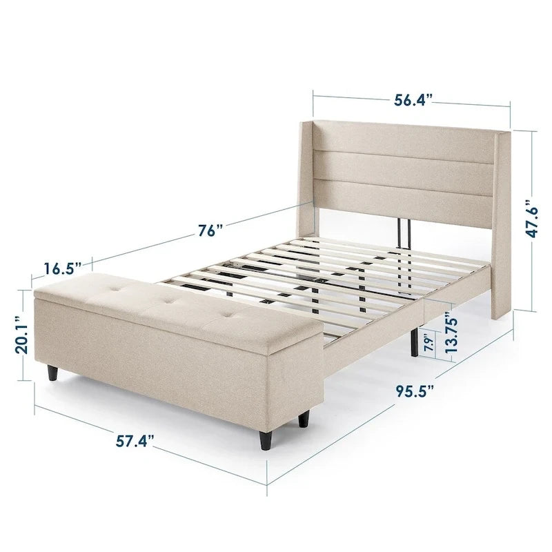 Lit plateforme rembourré beige avec pouf de rangement